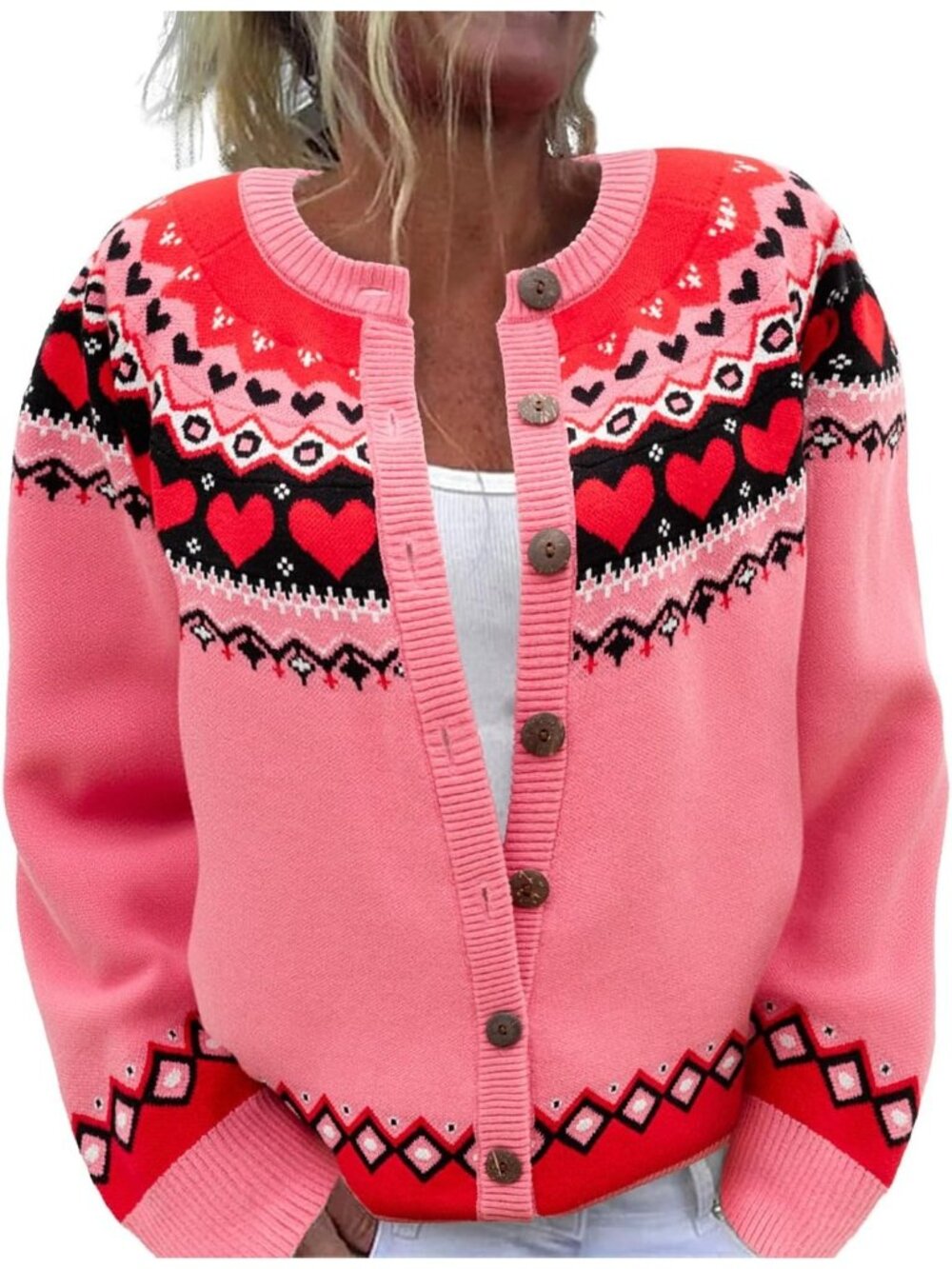 Women’s Pink Heart Fair Isle Valentine Knit Button Cardigan Sweater